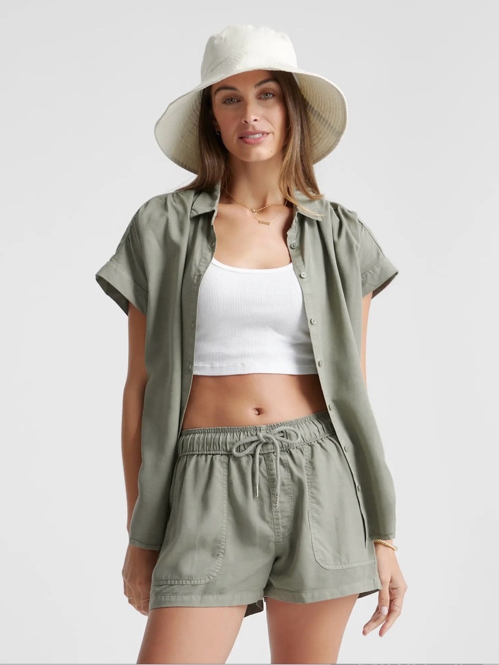 Quince Vintage Wash Tencel Camp Shirt and Shorts set Olive